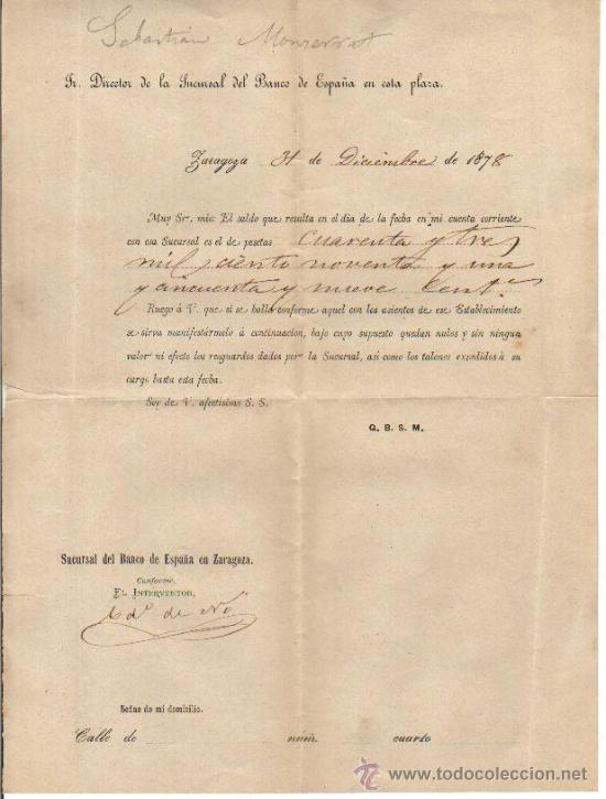 Documentos antigos: 1878 ZARAGOZA OFICIO DE CONFORMIDAD DE SALDO DEL BANCO DE ESPA&Ntilde;A CON UN CLIENTE