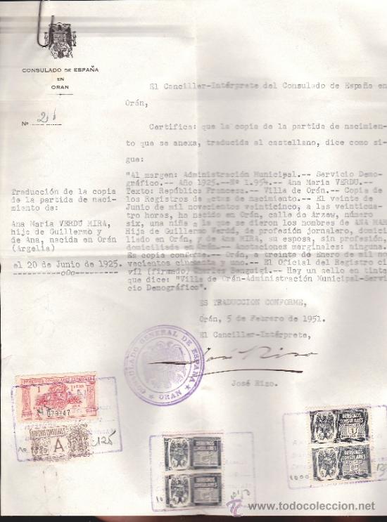 Documentos antiguos: CONSULADO DE ESPA&Ntilde;A EN OR&Aacute;N-- FICHA DE NATALIDAD SELLADA--1951