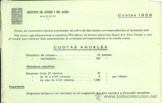 Documentos antiguos: INSTITUTO DEL HIERRO Y DEL ACERO, HOJA DE CUOTAS ANUALES 1959