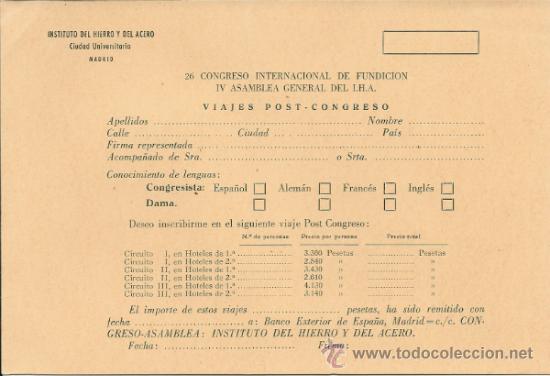 Documentos antiguos: INSTITUTO DEL HIERRO Y DEL ACERO, HOJA PARA EL VIAJE POST- CONGRESO AL 26 CONGRESO INTER. FUNDICION