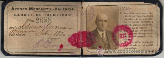Documentos antigos: 1920 ANTIGUO CARNET DE IDENTIDAD DEL ATENEO MERCANTIL DE VALENCIA