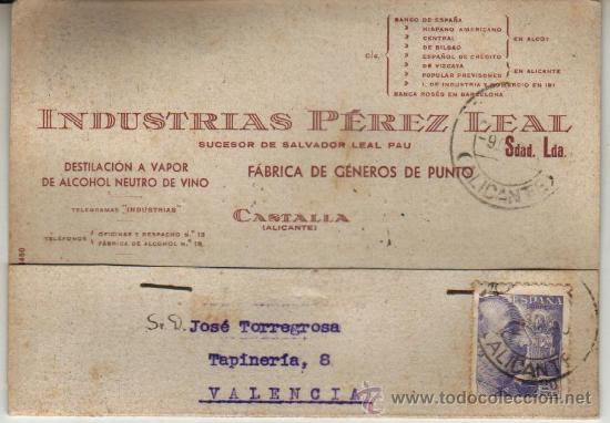 Old Documents: 1945 CASTALLA (ALICANTE) TARJETA POSTAL COMERCIAL INDUSTRIA PEREZ LEAL FABRICA GENEROS PUNTO  FISCAL