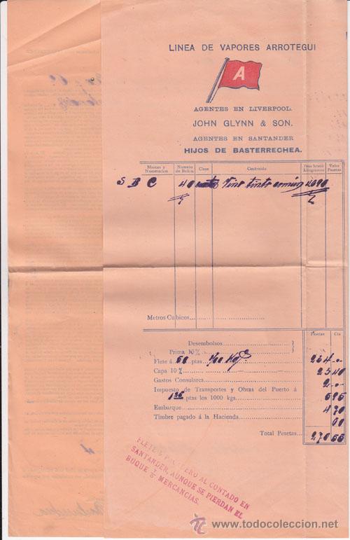 Documentos antiguos: L&Iacute;NEA DE VAPORES ARROTEGUI. RECIBO EMBARQUE DE 40 BARRILES DE VINO EN SANTANDER PARA MATANZAS, 1914
