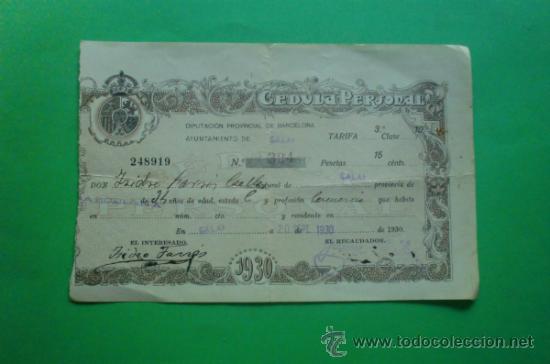 Documentos antigos: CEDULA PERSONAL DIPUTACION BARCELONA - AYUNTAMIENTO CALAF 20-09-1.930