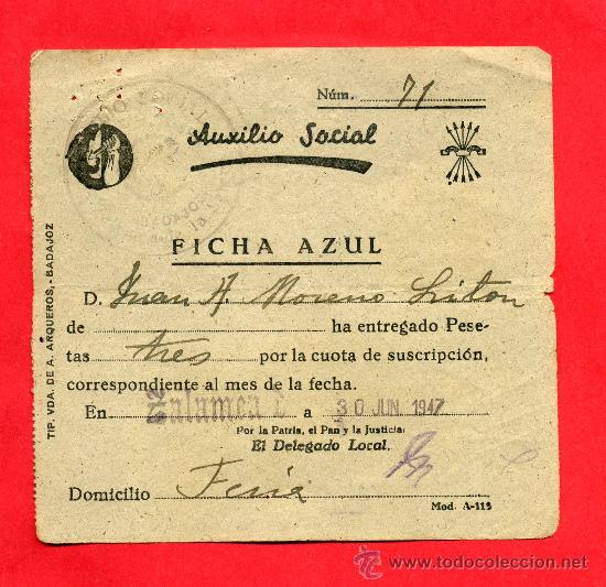 Alte Dokumente: FICHA AZUL AUXILIO SOCIAL ZALAMEA BADAJOZ 1947