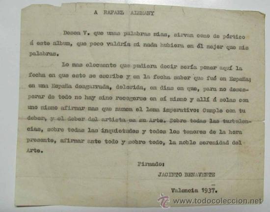 Documentos antiguos: Copia (original)de carta de Jacinto Benavente a Rafael Alemany, pintor. 1937 ....Espa&ntilde;a desgarrada..