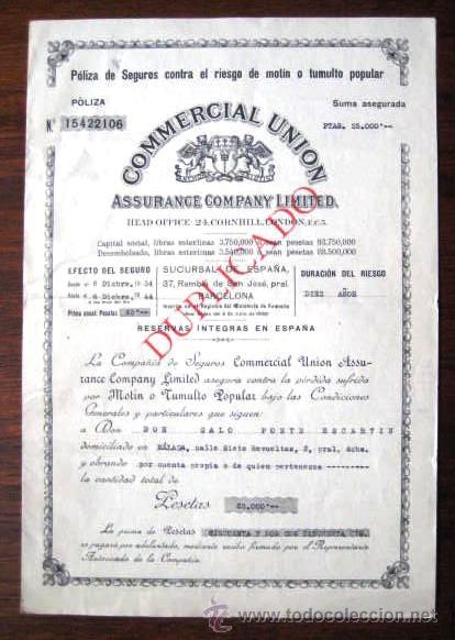 Documentos antiguos: POLIZA DE SEGUROS. COMMERCIAL UNION 1934. REPUBLICA.. ENVIO GRATIS&iexcl;&iexcl;&iexcl;