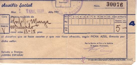 Old Documents: RECIBO AUXILIO SOCIAL FALANGE - ENERO DE 1939
