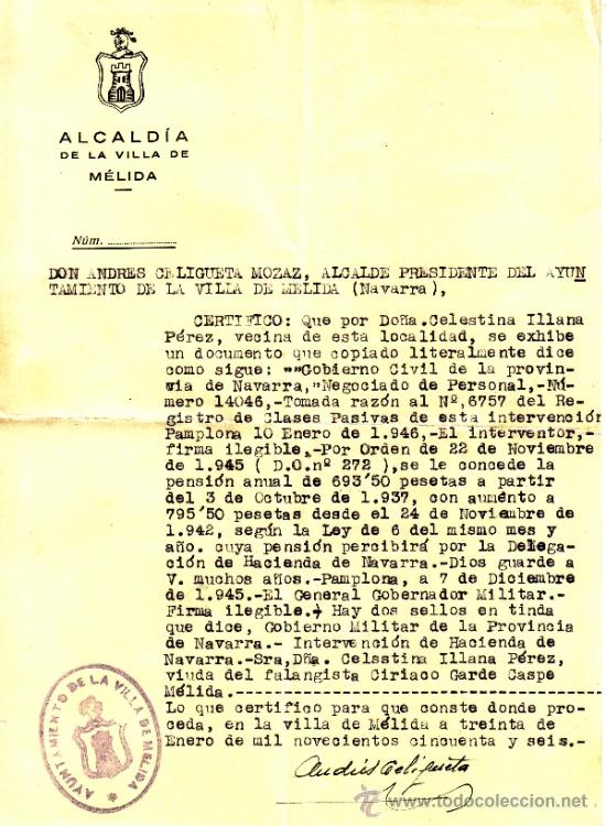 Documentos antiguos: DOCUMENTO DE LA ALCALDIA DE LA VILLA DE MELIDA - NAVARRA - 1945