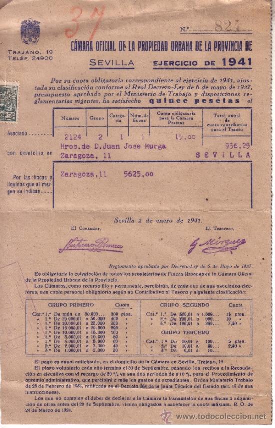 Documentos antiguos: DOCUMENTO DE PAGO DE LA CUOTA DE LA DESAPARECIDA CAMARA DE LA PROPIEDAD DE SEVILLA DE 1941