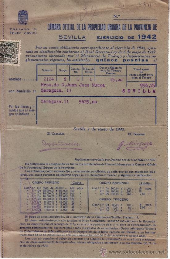 Documentos antiguos: DOCUMENTO DE PAGO DE LA CUOTA DE LA DESAPARECIDA CAMARA DE LA PROPIEDAD DE SEVILLA DE 1942