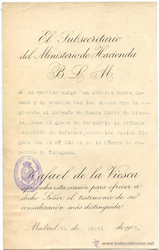 Documentos antiguos: Saluda del Subsecretario del M&ordm; de Hacienda a Gabriel Maura Gamazo, 1905