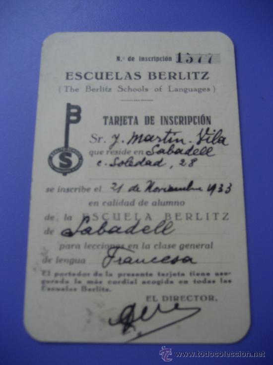 Documentos antiguos: Escuelas Berlitz. Tarjeta de inscripci&oacute;n. 1933. Sabadell - Foto 1