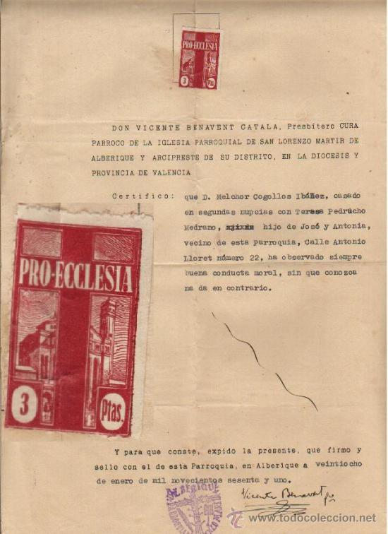Documentos antigos: 1961 ALBERIQUE VALENCIA. CERTIFICADO IGLESIA SAN LORENZO MARTIR SELLO FISCAL 3 Pesetas