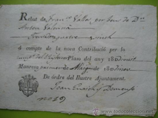 Documentos antiguos: Manresa. 1819. Rebut de Contribuci&oacute;