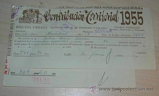 Documentos antiguos: DOCUMENTO CONTRIBUCION TERRITORIAL A&Ntilde;O 1955 - Foto 1