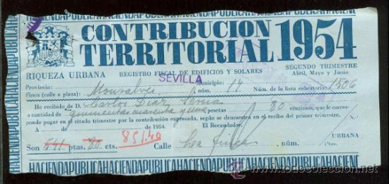 Documentos antiguos: DOCUMENTO CONTRIBUCION TERRITORIAL A&Ntilde;O 1954 - Foto 1