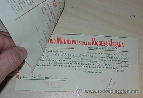 Documentos antiguos: DOCUMENTO CONTRIBUCION TERRITORIAL A&Ntilde;O 1955 - Foto 2