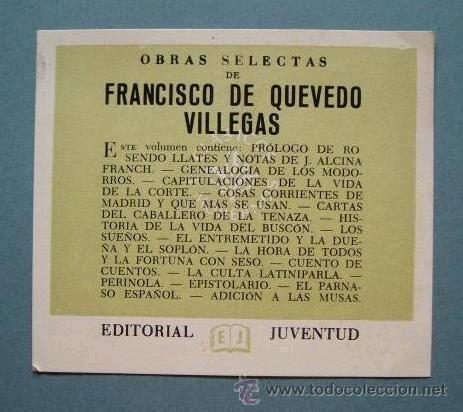Documentos antiguos: OBRAS SELECTAS DE FRANCISCO DE QUEVEDO VILLEGAS - EDIT. JUVENTUD - Foto 1