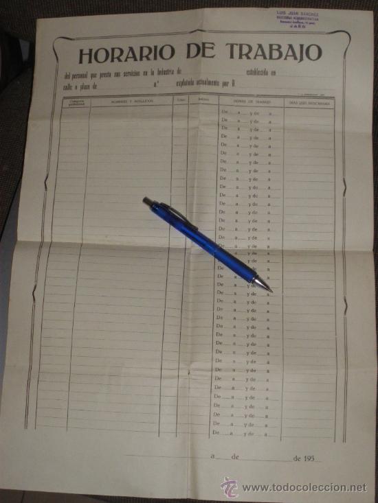 Documentos antiguos: CARTEL PARA EL CONTROL DEL HORARIO DE TRABAJO. A&Ntilde;OS 50.
