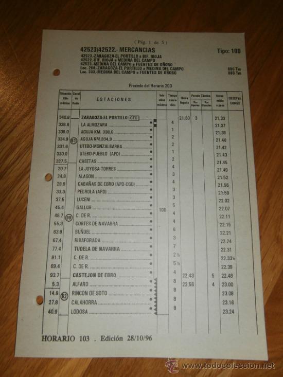 Documentos antiguos: Horario de trenes / Zaragoza El Portillo a Bif. Rioja, Bif. Rioja a Medina del Campo, etc (1996)