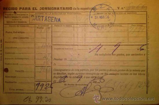 Old Documents: RECIBO CONSIGNATARIO DE LA EXPEDICI&Oacute;N. M.Z.A. MURCIA CARTAGENA 1926
