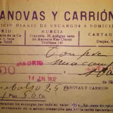 Documentos antiguos: CANOVAS Y CARRION SERVICIO DIARIO DE ENCARGOS A DOMICILIO MURCIA CARTAGENA MADRID 1932. Lote 36078000