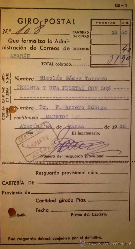 Documentos antiguos: RESGUARDO DE GIRO POSTAL CERTIFICADO ABARAN MURCIA 1936 - Foto 1