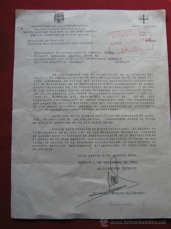 Documentos antiguos: DOCUMENTO MINISTERIO DE LA GOBERNACION - MUTUALIDAD NACIONAL DE PREVISION - 1966 ADMINIST. LOCAL
