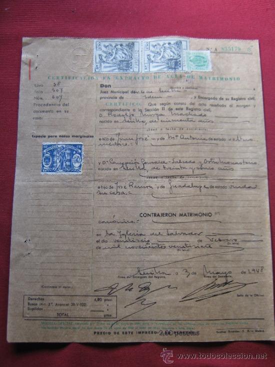 Documentos antiguos: CERTIFICACION EN EXTRACTO DE ACTA DE MATRIMONIO - SEVILLA 1948 - Foto 1