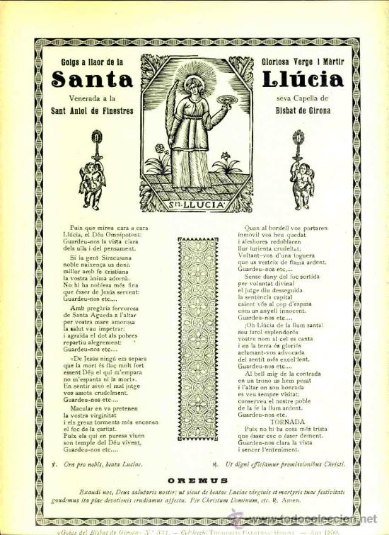 Documentos antiguos: Goigs en lloan&ccedil;a de SANTA LL&Uacute;CIA, venerada a SANT ANIOL DE FINESTRES