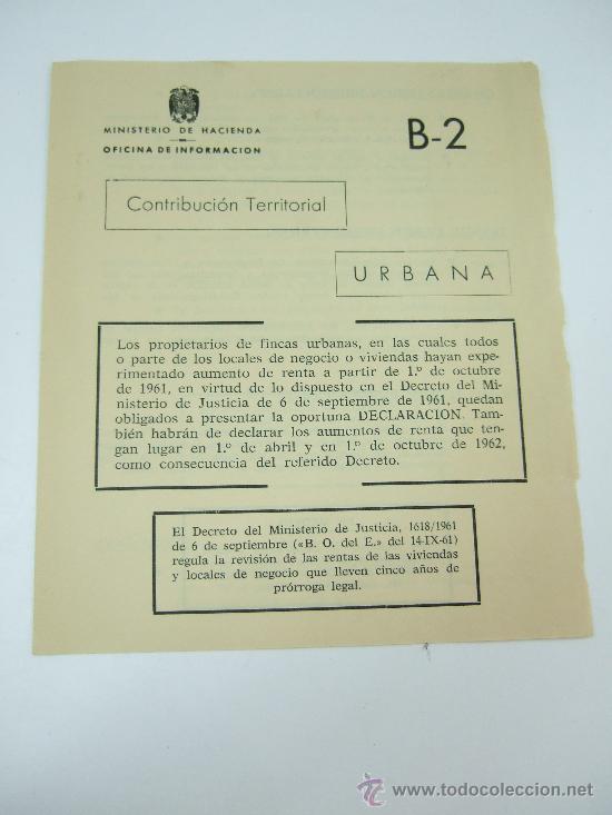 Documentos antiguos: MINISTERIO DE HACIENDA - OFICINA DE INFORMACION - SOBRE CONTRIBUCION URBANA - 1962