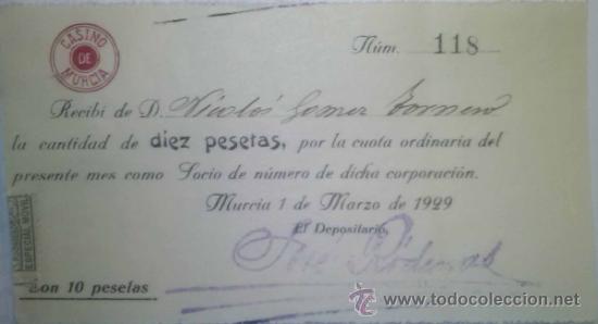 Documentos antiguos: CUOTA DE 10 PESETAS DEL CASINO DE MURCIA 1929 - Foto 1