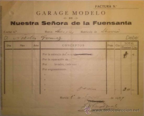 Documentos antiguos: GARAJE MODELO DE NUESTRA SE&Ntilde;ORA DE LA FUENSANTA MURCIA 1929 - Foto 1