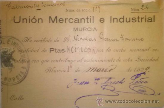 Documentos antiguos: CUOTA DE CINCO PESETAS LA UNION MERCANTIL E INDUSTRIAL DE MURCIA 1929