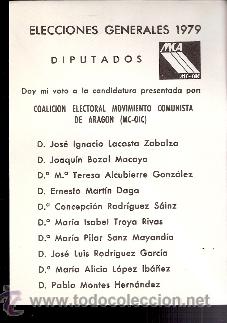 Documentos antigos: Coalici&oacute;n Electoral Movimiento Cominista de Arag&oacute;n. Zaragoza.Elecciones Generales 1979. Papeleta.