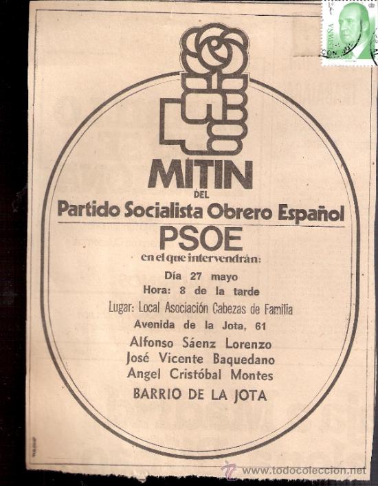 Documentos antigos: Partido Socialista Obrero Espa&ntilde;ol. B&ordm; de LA JOTA.Zaragoza.Elecciones 1977.Recorte Prensa.Publicidad.