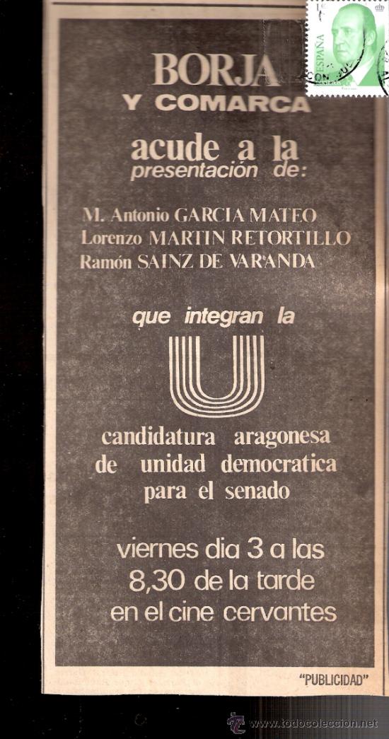 Documentos antigos: Candidatura Aragonesa de Unidad Democr&aacute;tica .CASPE. Elecciones 1977.Recorte Prensa.Publicidad.