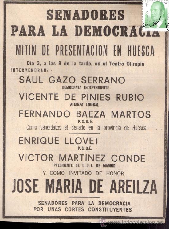Documentos antigos: Jose Mar&iacute;a  de Areilza.Senadores para la Democracia.Elecciones 1977. Recorte Prensa. Publicidad.