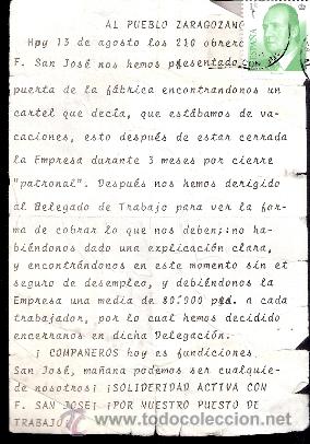 Documentos antigos: Fundiciones San Jos&eacute;. Al Pueblo Zazagozano. Octavilla.Movilizaciones. Zaragoza 1977