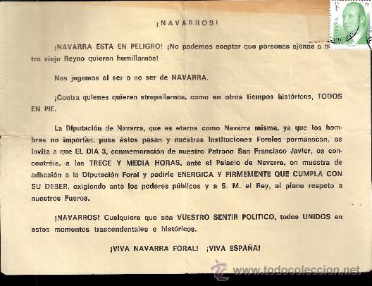 Alte Dokumente: Navarra Foral. Concentraci&oacute;n en defensa de los Fueros. Cuartilla. 1977.