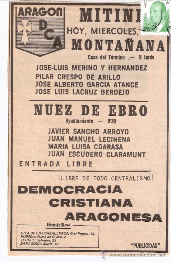 Alte Dokumente: Democracia Cristiana Aragonesa.Arag&oacute;n DCA.MONTA&Ntilde;ANA.NUEZ.Elecciones 1977.Recorte Prensa. Publicidad.