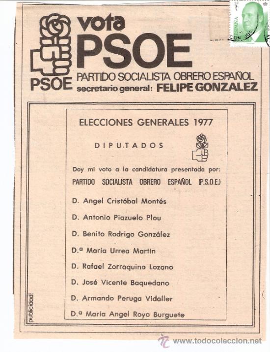 Alte Dokumente: Partido Socialista Obrero Espa&ntilde;ol. PSOE. Diputados.Elecciones 1977.Recorte Prensa.Publicidad.