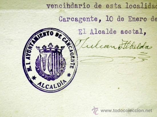 Documentos antiguos: DOCUMENTO ALCALDIA,. AYUNTAMIENTO DE CARCAGENTE. XIX CENTENARIO. VENIDA VIRGEN DEL PILAR. 1940