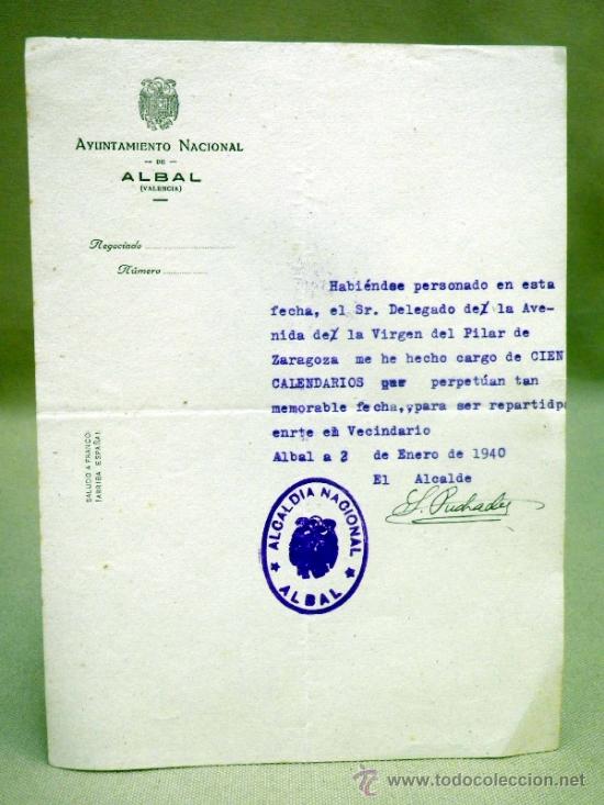 Documentos antiguos: DOCUMENTO ALCALDIA,. AYUNTAMIENTO ALBAL. DELEGADO XIX CENTENARIO. VENIDA VIRGEN DEL PILAR