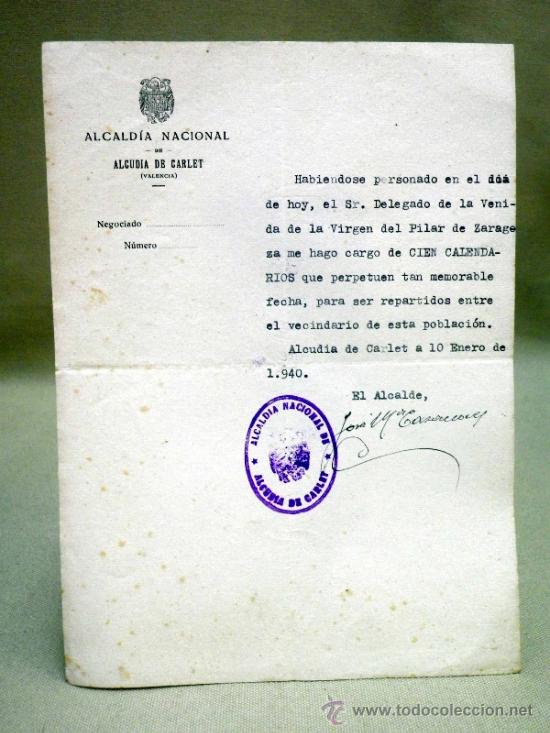 Documentos antiguos: DOCUMENTO ALCALDIA,. AYUNTAMIENTO CARLET. DELEGADO XIX CENTENARIO  VENIDA VIRGEN DEL PILAR. 1940