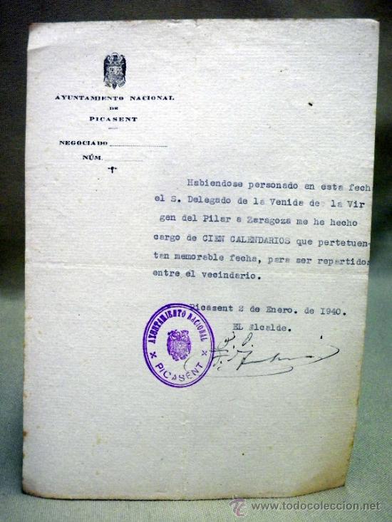 Documentos antiguos: DOCUMENTO ALCALDIA,. AYUNTAMIENTO PICASENT. DELEGADO XIX CENTENARIO  VENIDA VIRGEN DEL PILAR. 1940