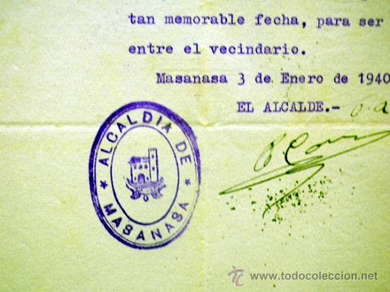 Documentos antiguos: DOCUMENTO ALCALDIA,. AYUNTAMIENTO MASANASA. DELEGADO XIX CENTENARIO  VENIDA VIRGEN DEL PILAR. 1940