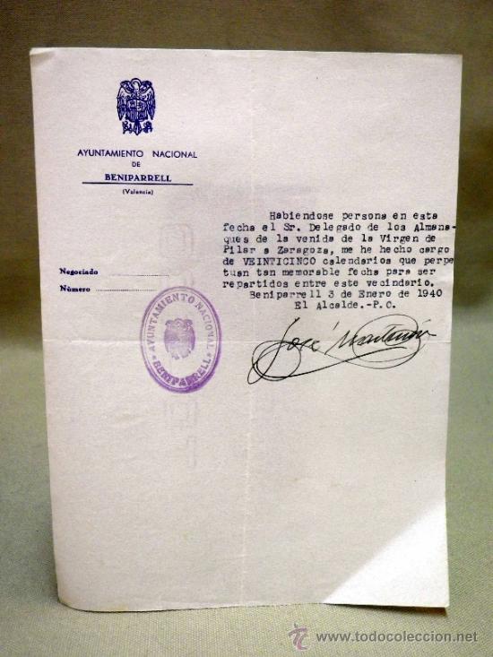 Documentos antiguos: DOCUMENTO ALCALDIA. AYUNTAMIENTO BENIPARRELL. DELEGADO XIX CENTENARIO  VENIDA VIRGEN DEL PILAR. 1940