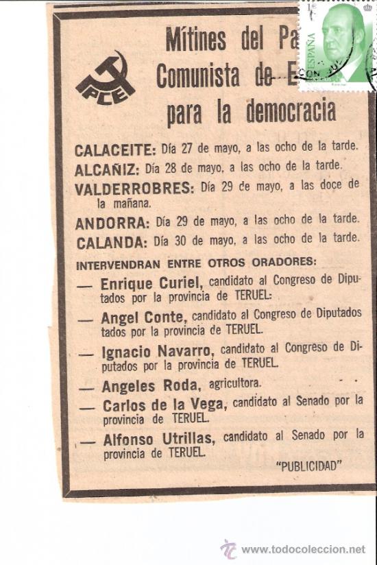 Documentos antiguos: Partido Comunista de Espa&ntilde;a.PCE.M&Iacute;tines TERUEL.Elecciones 1977. Recorte Prensa. Publicidad.